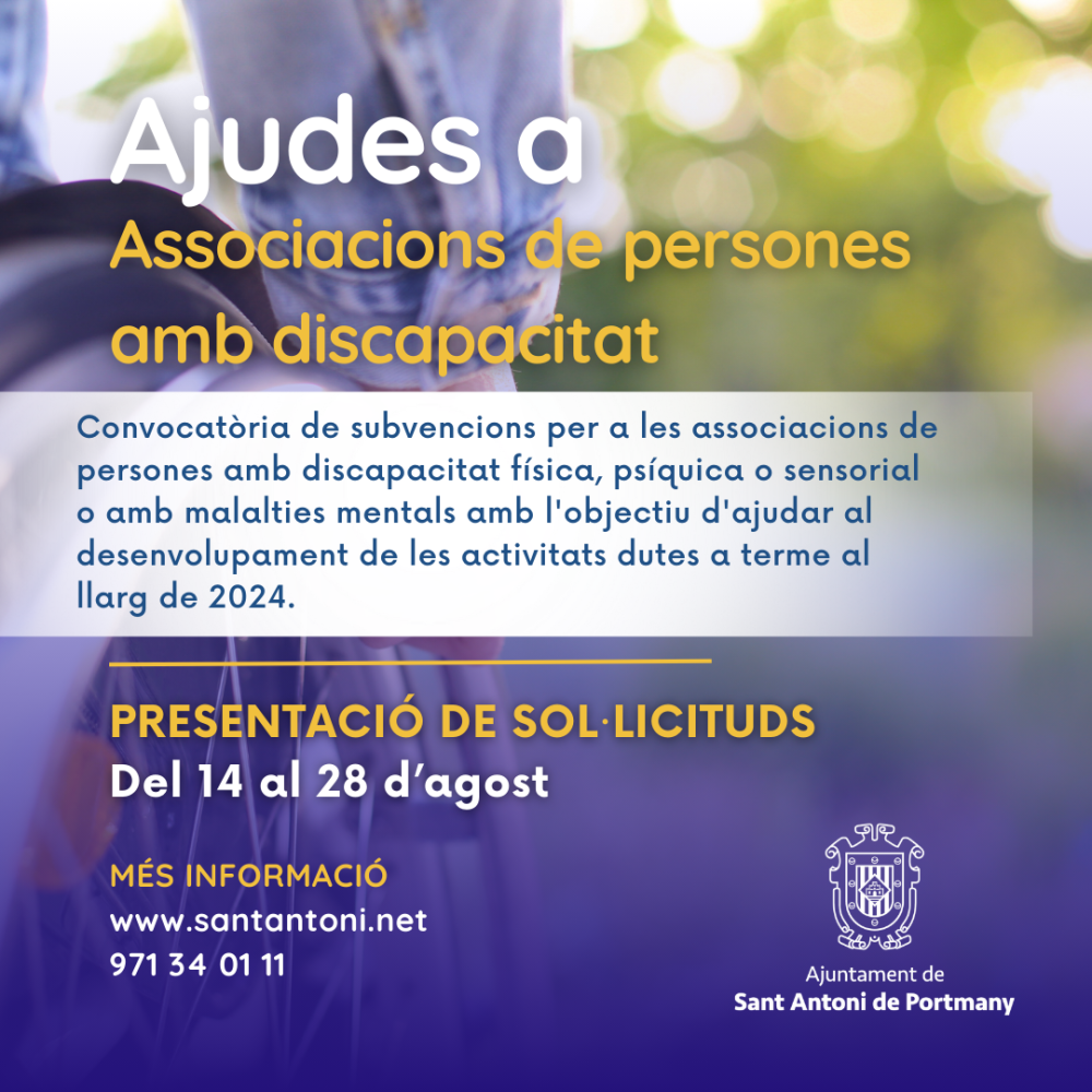  Imatge Convocatòria de les subvencions per a les associacions de persones amb discapacitat (física, psíquica, sensorial o malalts mentals) de Sant Antoni de Portmany per al 2024